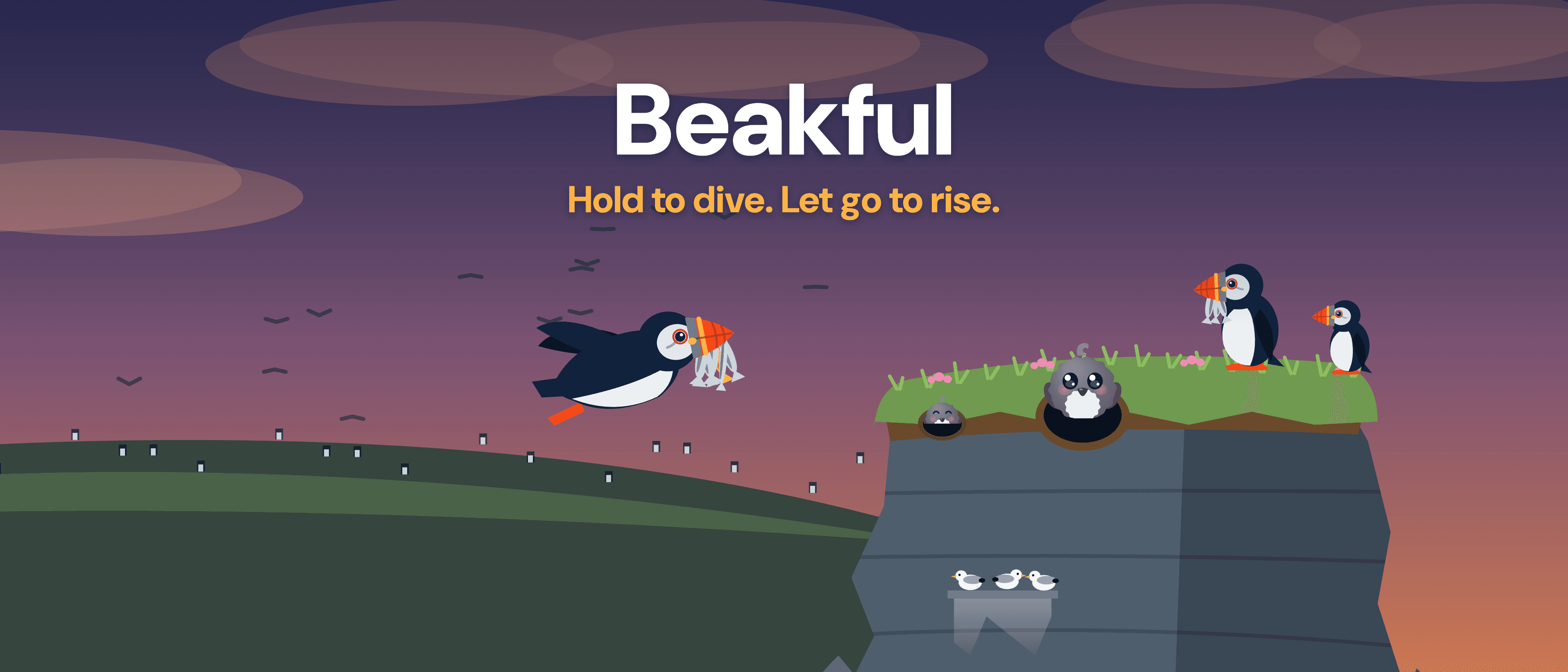 Beakful key art: a puffin flies home at sunset with a beak full of capelin, toward a sea stack with its family