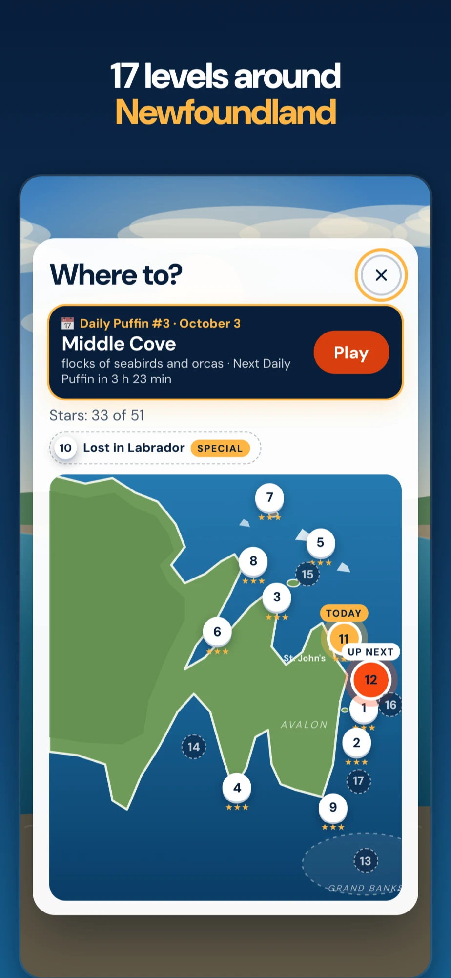 The 17-level map, from St. John's out to the Avalon, Grand Banks, and beyond